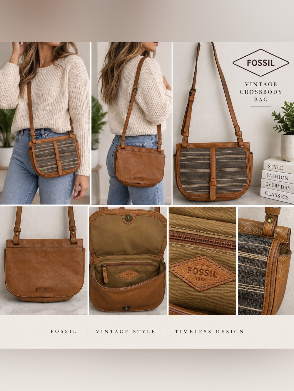 Fossil Genuine Leather Woven Stripe Crossbody Bag Tan Brown